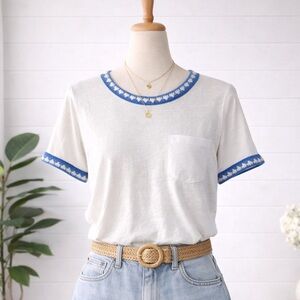 Joseph A Womens Short Sleeve Pocket Tee Retro Crochet Collar Cuff Linen White M